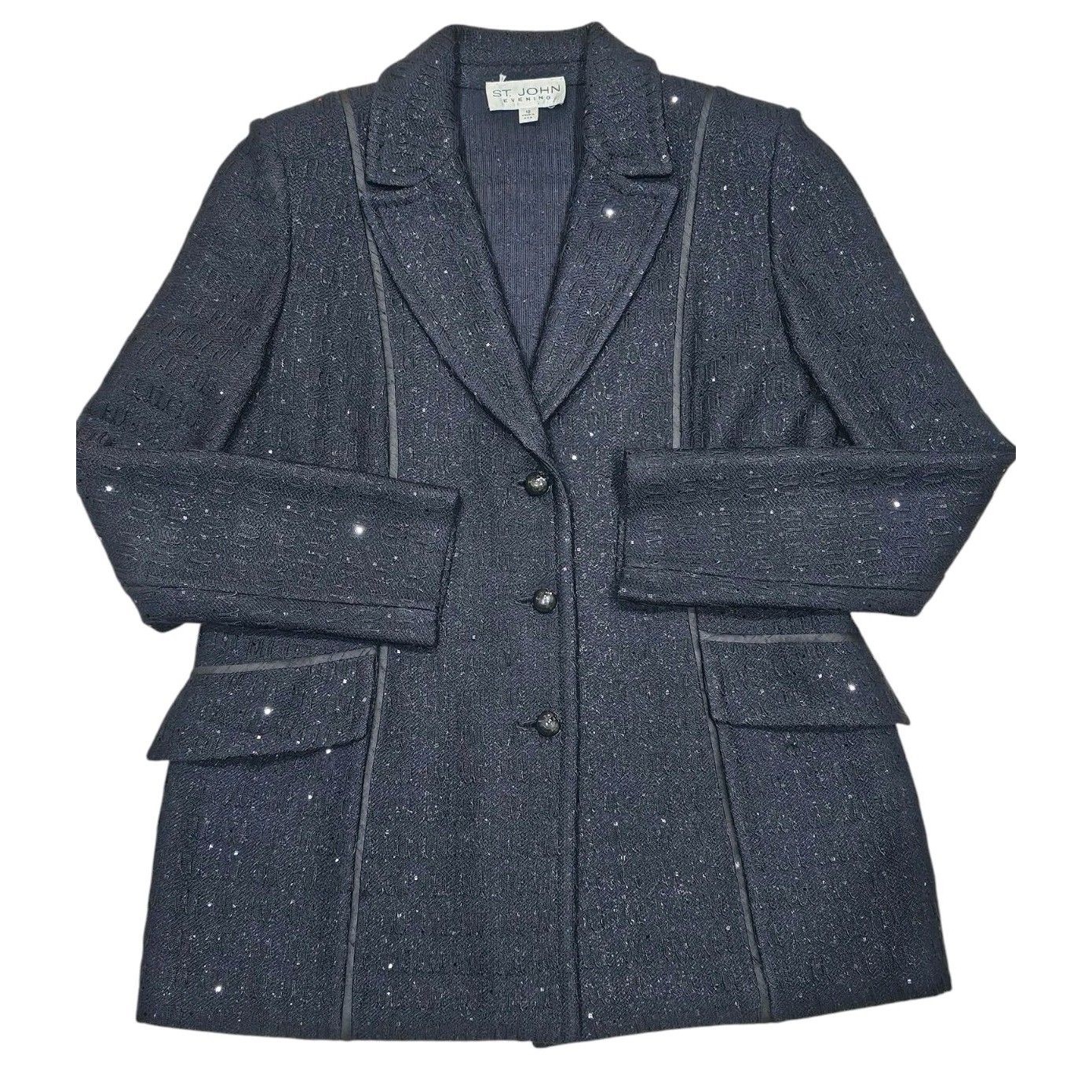 St John Evening Tweed Blazer Size 10 Elegant Jacket Luxury Preppy Black 3 Button